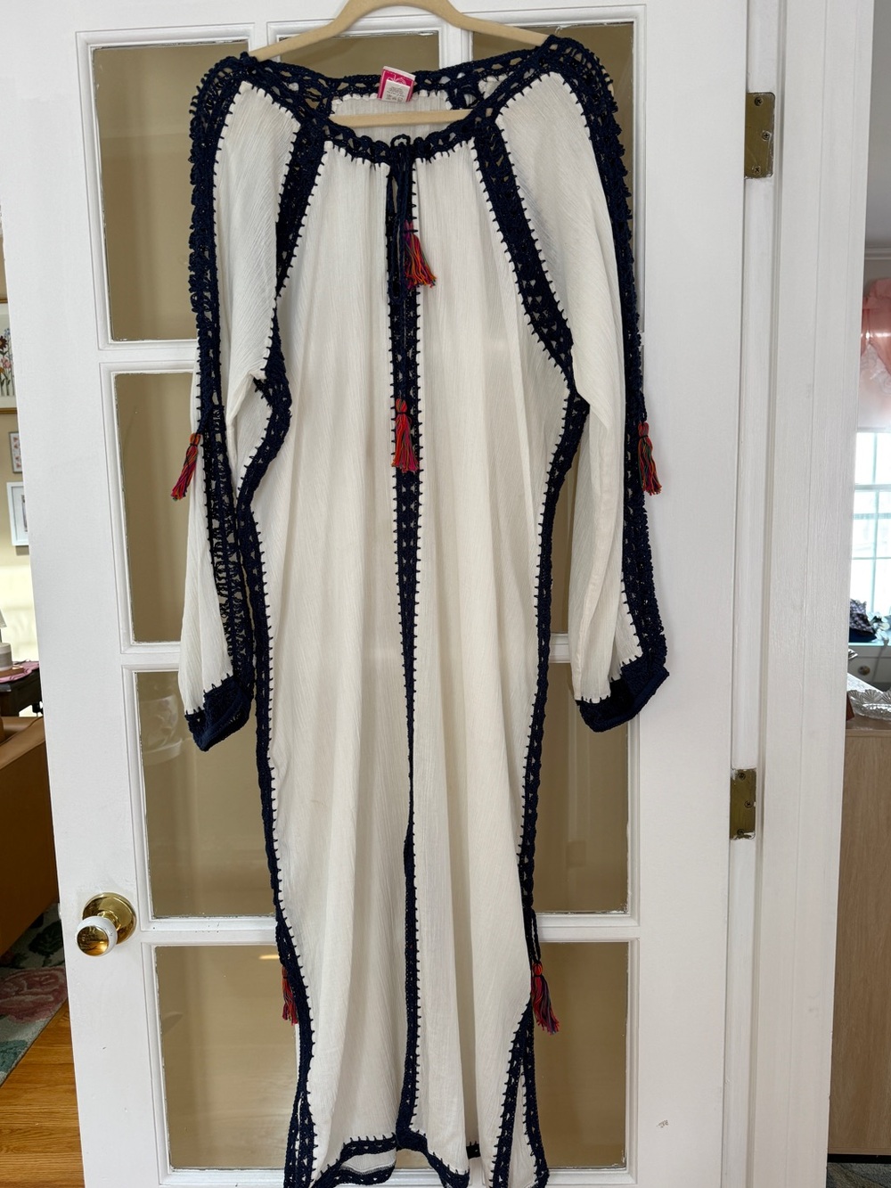 Anna Kosturova Boho Cotton Gauze Maxi Coverup with Navy crochet and Tassels